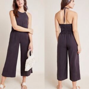 NWT Anthropologie Grey Cloth and Stone Halter Jumpsuit w/ Smocking | Size Large